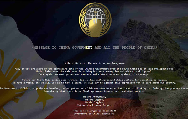 Screenshot mula sa isang Chinese website hinack ng Anonymous Philippines